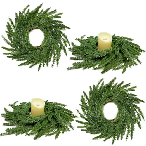 13.5 Inch Norfolk Pine Wreath Candle Rings, 4 Pcs Realistic Soft and Full Mini Christmas Wreath Table Centerpieces Candle Wreaths for Pillar Candles Cedar Small Wreaths for Cabinets Kitchen Windows | Amazon (US)
