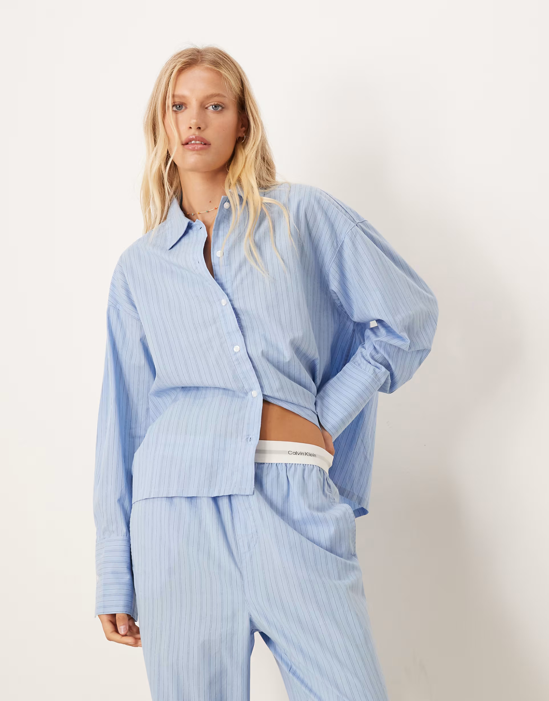 Calvin Klein cotton poplin pyjama shirt in blue stripe | ASOS (Global)