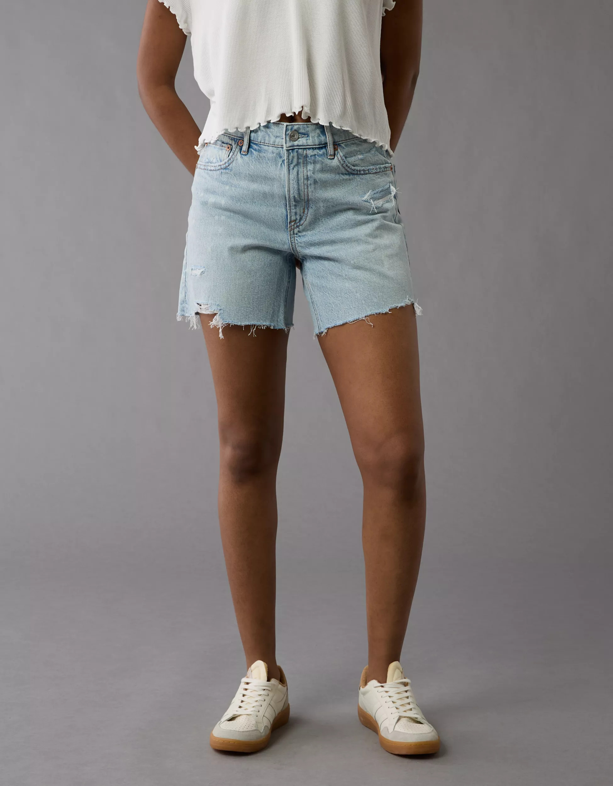 AE 6" Strigid Ripped Super High-Waisted Relaxed Denim Short | American Eagle Outfitters (US & CA)