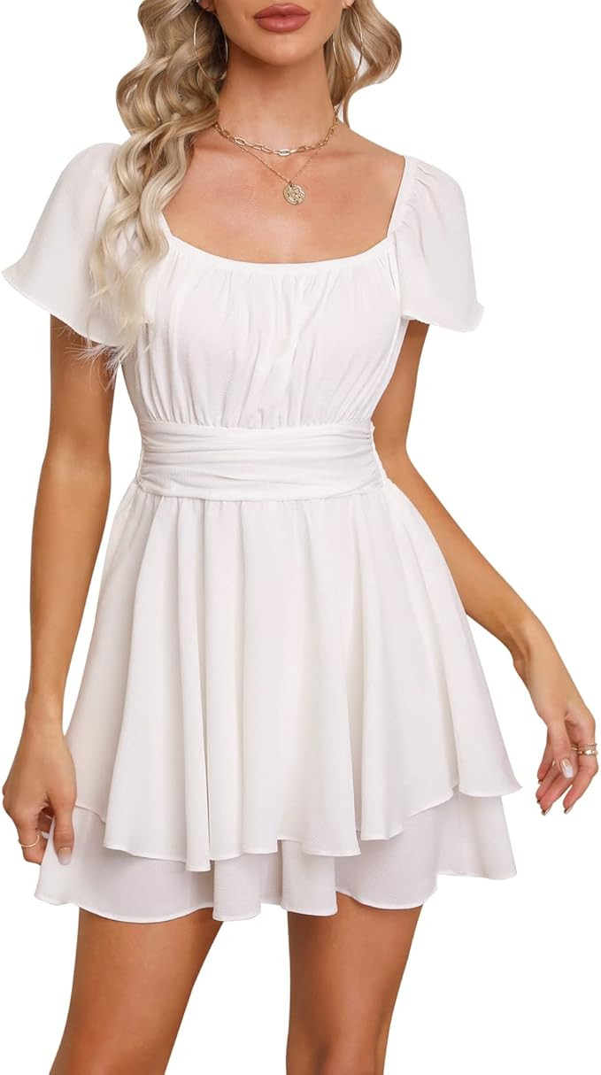 EXLURA Women's Summer Ruffle Short Sleeve Tie Back Rompers Square Neck A-Line Flowy Wide Leg Mini... | Amazon (US)