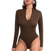 MANGOPOP Long Sleeve Thong bodysuit Shapewear Tummy Control Mock TurtleNeck Zip Up Bodysuits for ... | Amazon (US)
