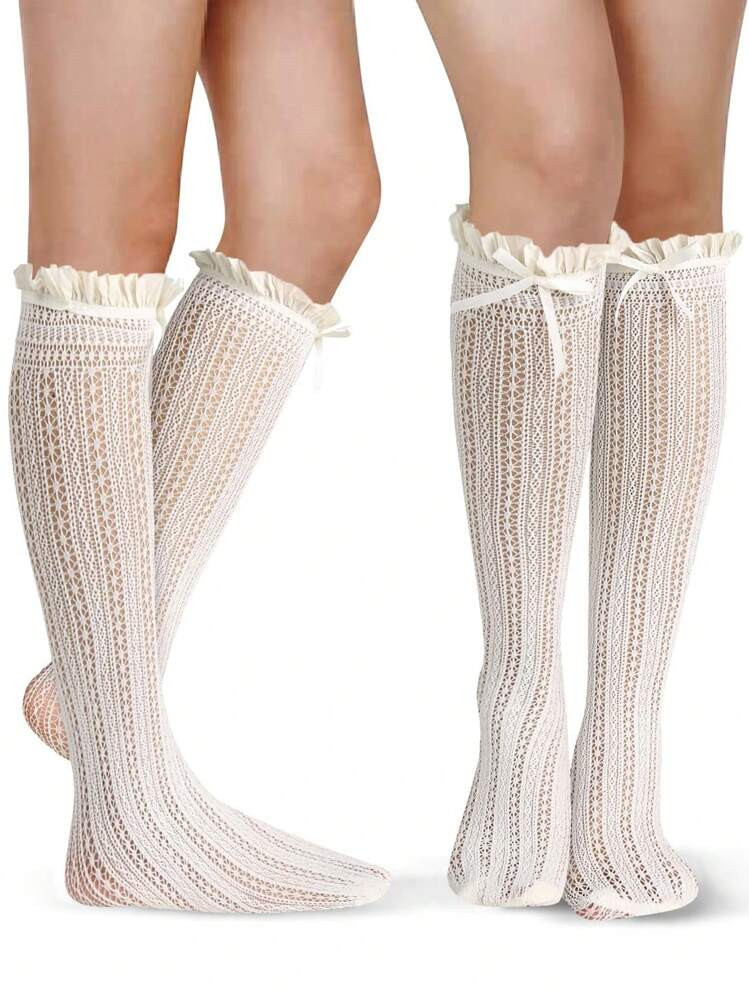 2pairs/Women's Lace Knee High Socks, Knee High Socks, Black And White Mesh Fishing Net Stockings Valentine's Day Valentines | SHEIN