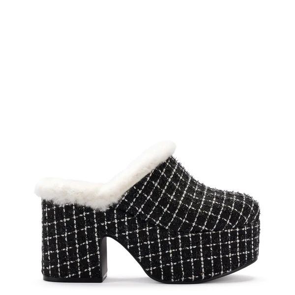 Miso Platform Clog In Black Tweed and Natural Shearling | Larroude