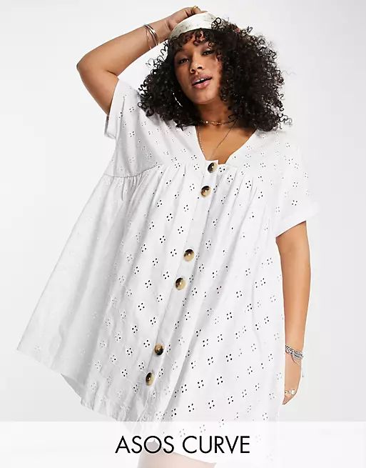 ASOS DESIGN Curve broderie v neck smock dress with large buttons in white | ASOS (Global)