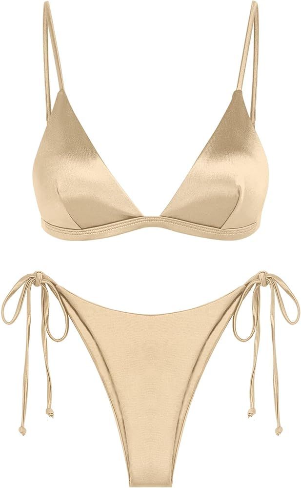 ZAFUL Women's Shiny Silky Bikini Sets Sexy Triangle Two Piece Swimsuit 2024 Tie Side Thong High C... | Amazon (US)