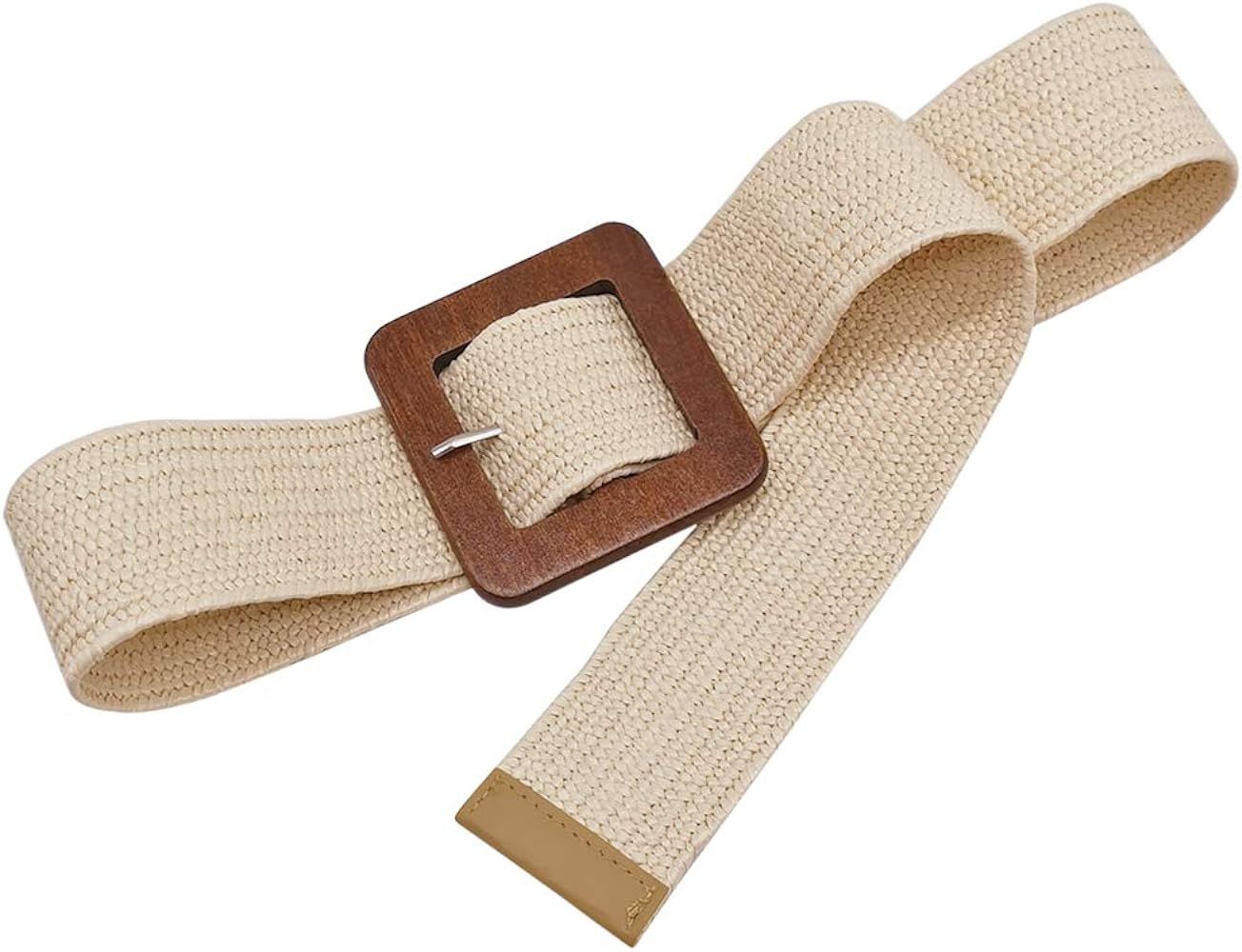 Women Straw Woven Elastic Stretch Dress Belt, Fashion Wide Waist Band Belt with Wooden Buckle by ... | Amazon (US)