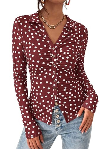 PRETTYGARDEN Women Button Down Floral Boho Shirts, 01 Dot Burgundy White,S | Amazon (US)