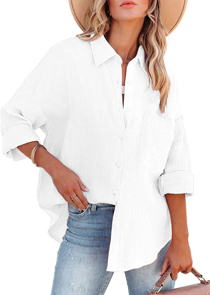ONIRIKE Womens Long Sleeve Color Block Button Down Boyfriend Oversized Shirt Blouse Tops | Amazon (US)
