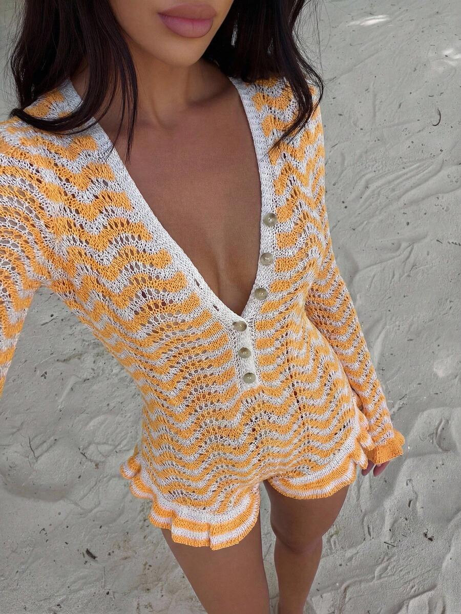 Bonvoyette Beach Holiday Cover-Up V-Neck Hollow Out Fitted Cover Up For Women Holiday Orange And White Summer Boho | SHEIN