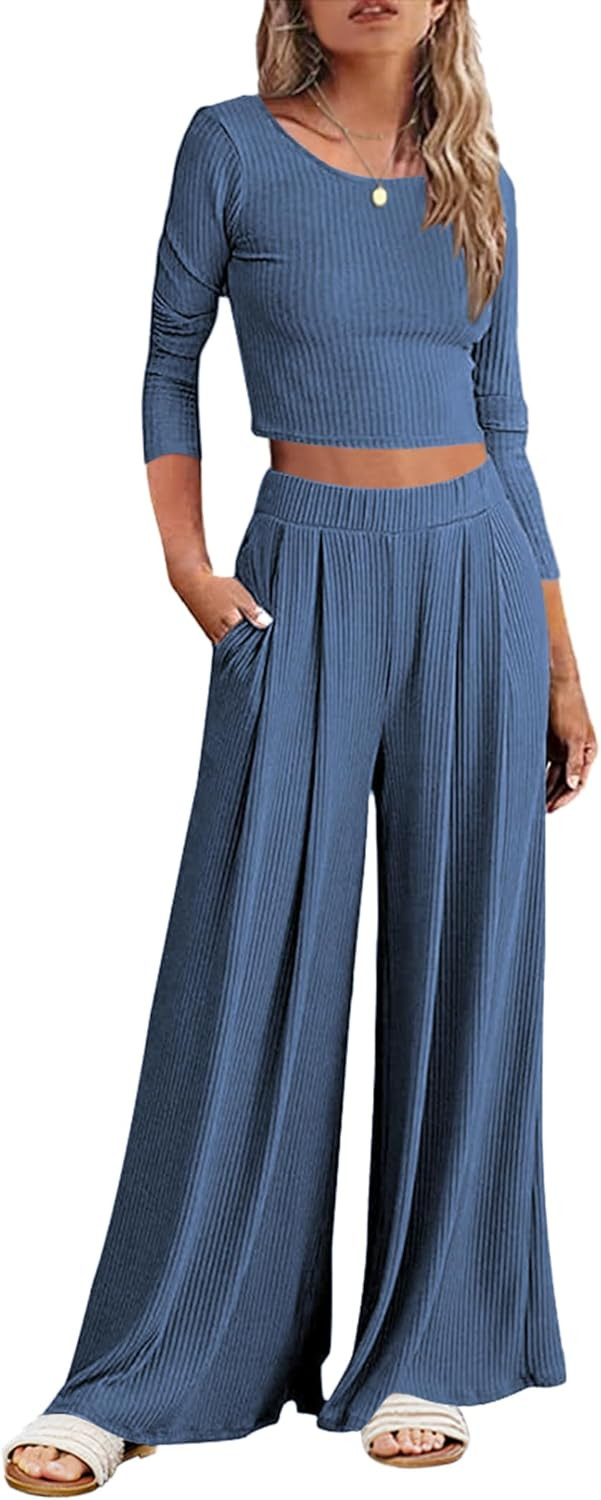 Ekouaer Women's 2 Piece Lounge Sets Ribbed Knit Crop Top Wide Leg Pants with Pockets S-XXL | Amazon (US)