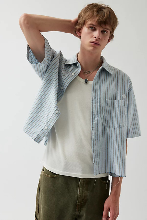 Urban Outfitters UO Striped Cut-Off Oxford Shirt Top in Blue/Grey Stripe, Men's at Urban Outfitters | Urban Outfitters (US and RoW)
