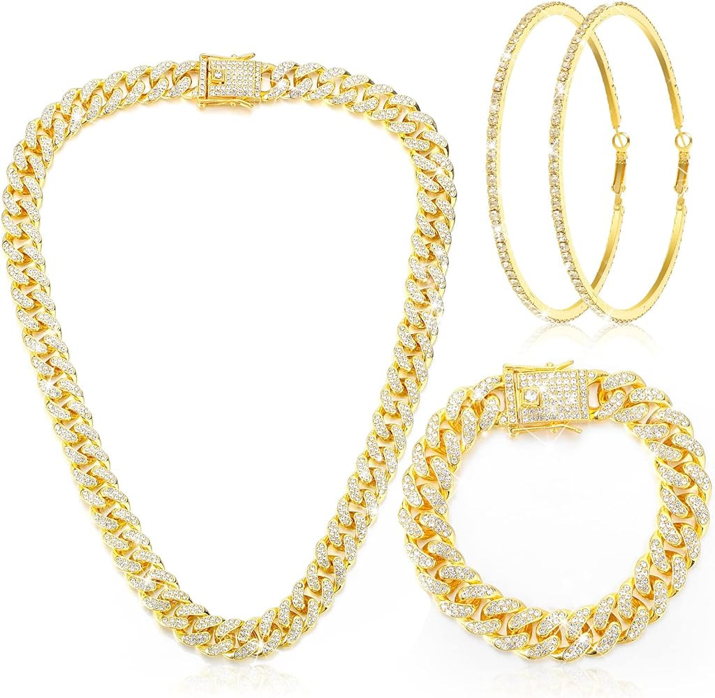 Batiyeer Cuban Link Chain Necklace Bracelet Rhinestone Earrings Bling Necklace Bracelet Crystal B... | Amazon (US)