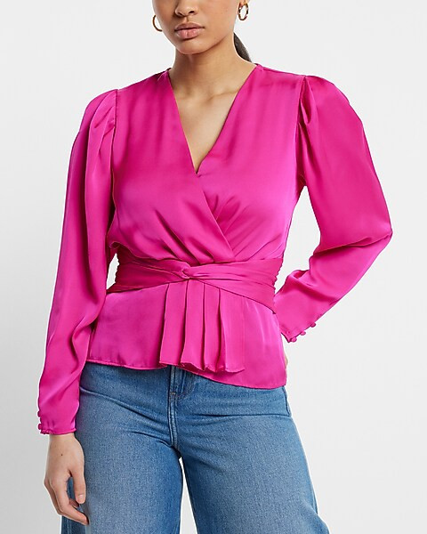 Satin V-Neck Twist Front Peplum Top | Express