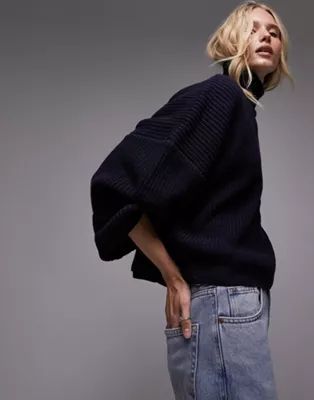 Topshop knitted high neck drop shoulder sweater with wool in navy | ASOS (Global)