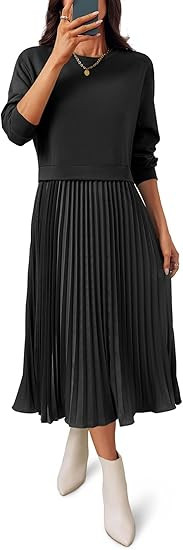 Wenrine Womens Sweatshirt Dress Casual Patchwork Long Sleeve Crewneck Pleated Fall Maxi Dresses | Amazon (US)