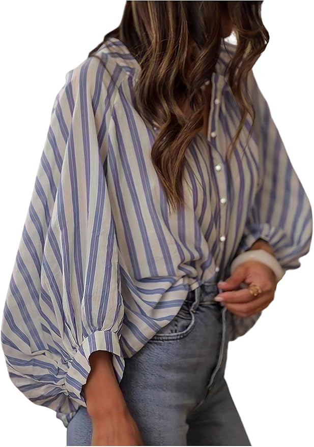SweatyRocks Women's Puff Sleeve Striped Button Down Ruffle Peplum Loose Shirt Top Blouse | Amazon (US)