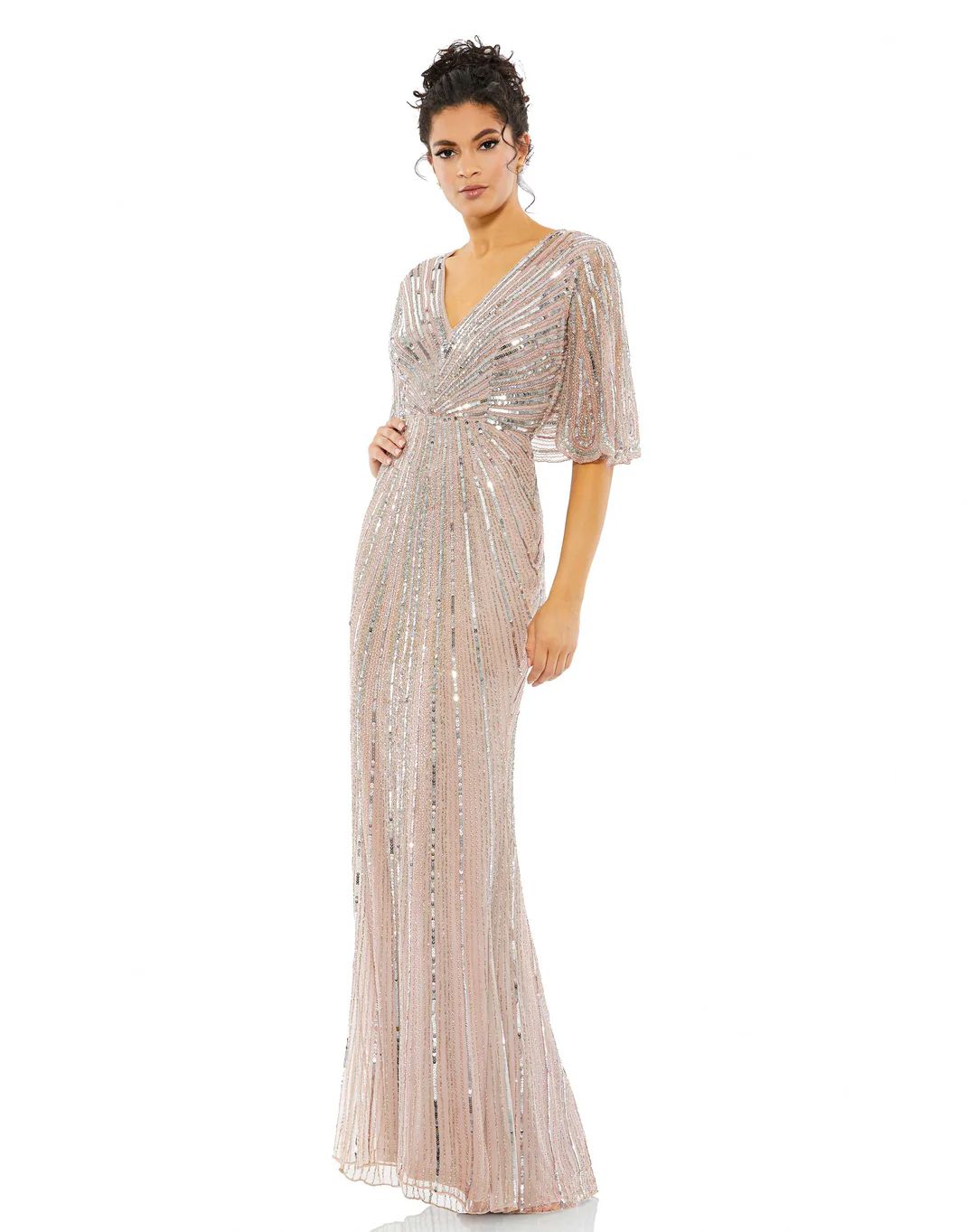 Sequined V Neck Cape Sleeve Column Gown | Mac Duggal