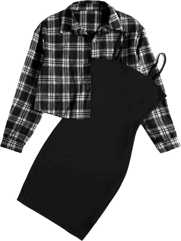 Floerns Women's 2 Piece Outfit Cami Dress with Plaid Print Jacket Outerwear | Amazon (US)