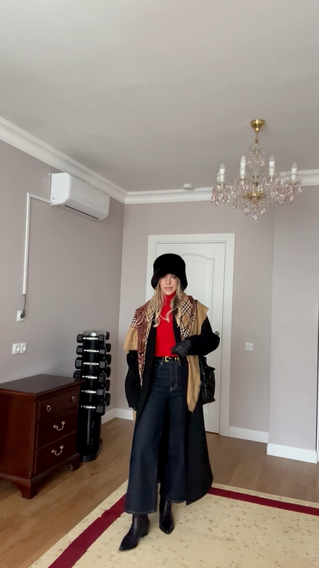 Fur bucket hat, OOTD, oversized black wool coat, vintage Burberry plaid scarf, red turtleneck, cropped dark wash jeans, black western boots

#LTKFindsUnder100 #LTKootd #LTKOver40