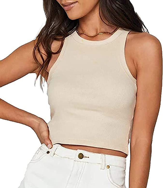 Meladyan Women's Round Neck Basic Racerback Camisole Rib-Knit Solid Sleeveless Crop Tank Tops | Amazon (US)