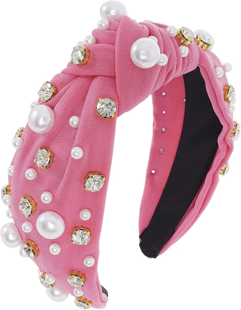 Pearl Knotted Headband for Women Girls, White Pearl Crystal Rhinestone Jeweled Embellished Hair B... | Amazon (US)