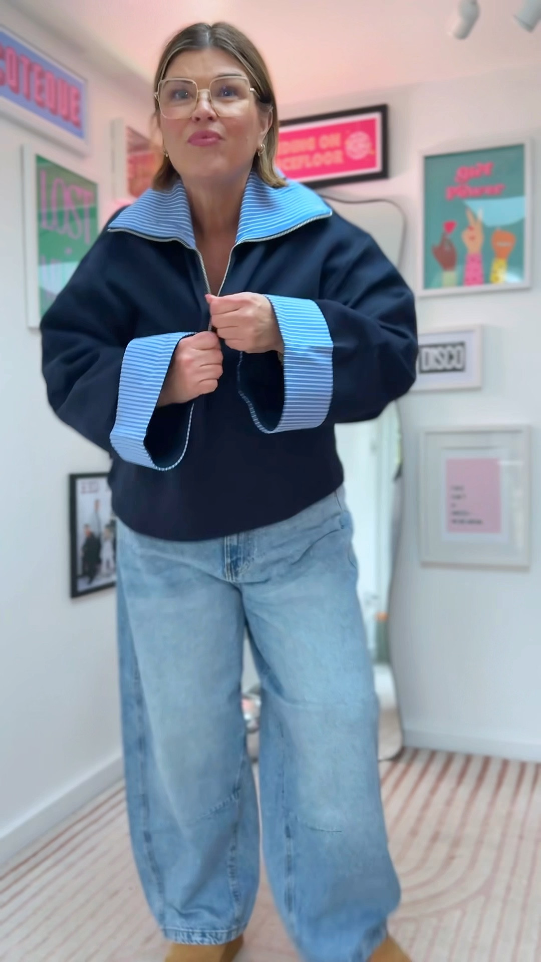 I do love a snuggly casual outfit and this ticks all the boxes. 
This boxy half zip top/sweatshirt with exaggerated stripes collar and matching sleeves is now an official fave in my wardrobe. 
Balloon leg jeans and these super comfy platform snuggle Ugg style boots 

#LTKmidsize #LTKover50style #LTKuk
