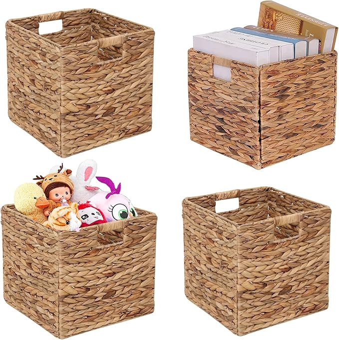 Storage Baskets Wicker Cube Baskets Foldable Handwoven Water Hyacinth Laundry Organizer,Set of 4 ... | Amazon (US)