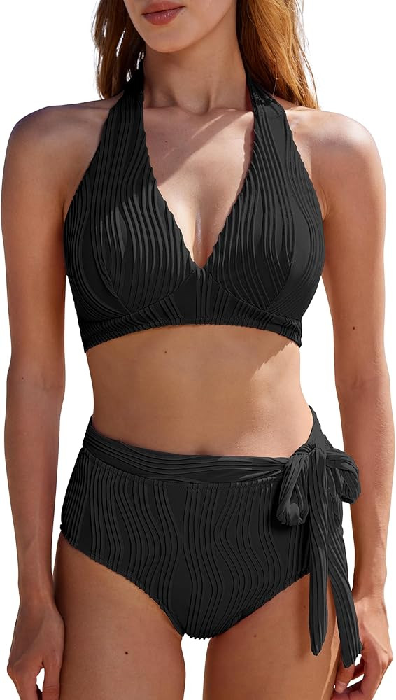 MOOSLOVER Women High Waisted Bikini Sets Push Up Halter Two Piece Swimsuit Tummy Control Bathing ... | Amazon (US)