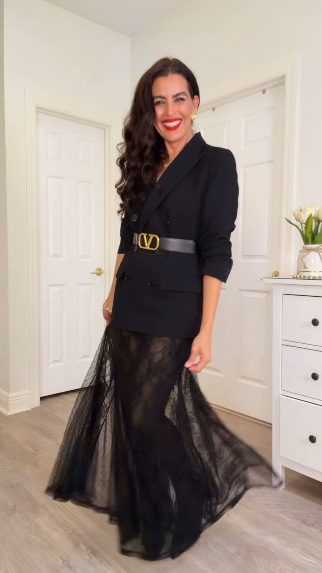 lace skirt style 3 ways! ⬇️⬇️
Size M in skirt.
Size 6 in black blazer.
Size L in sweater, for an oversize fit.
Size small and dress, available more colors
Size S/M in fleece line tights
Lipstick color is: Ruby woo.
Sling back pumps are very comfortable and available in more colors.
Maison Valentino belt is reversible brown/black.

#LTKHoliday #LTKFindsUnder50 #LTKootd