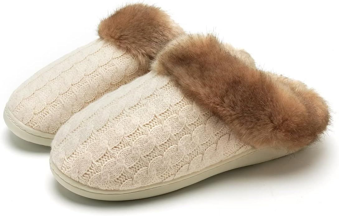 WateLves Women's Memory Foam Slippers Knitted Fur Collar House Shoes Anti-Skid Sole for Indoor & ... | Amazon (US)