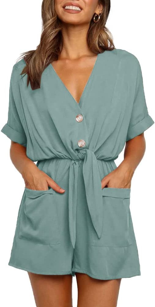 Ivay Womens V Neck Button Rompers Knot Tie Short Sleeve Sexy Loose Playsuit Jumpsuit with Pockets | Amazon (US)