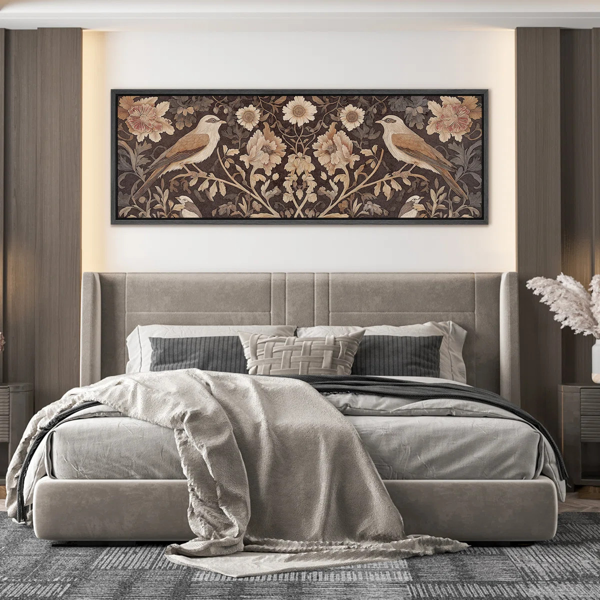 Classic Dark Botanical Birds with Floral Motifs in Rich Earthy Hues - Large Framed Canvas Master ... | Wayfair North America