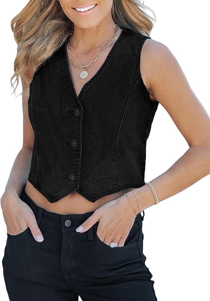 luvamia Jean Vests for Women Crop Denim Top Button Down Waistcoat Vest Tank Tops Fashion Casual S... | Amazon (US)