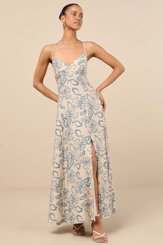 Angelika Beige Floral Sleeveless Midi Dress | Lulus