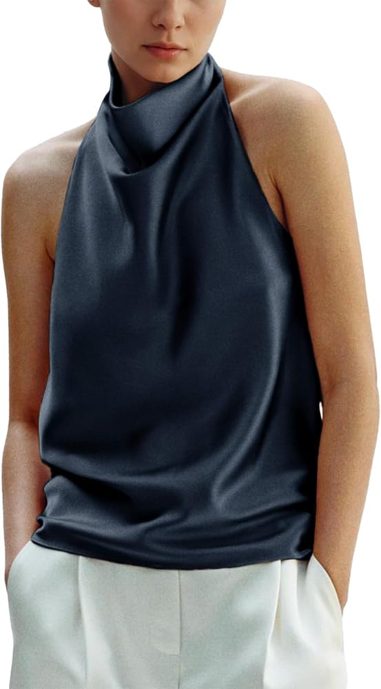 Women's Silk Satin Tank Tops Halter Draped Front Sexy Backless Womens Summer Tops Elegant Camisol... | Amazon (US)