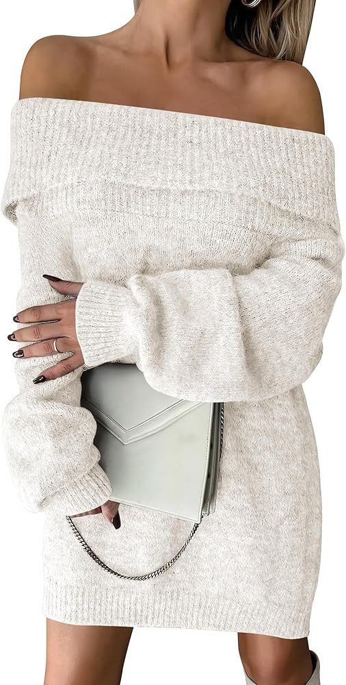 ANRABESS Womens Off The Shoulder Sweater Dress Casual Loose Knit 2025 Fall Winter Trendy Long Sle... | Amazon (US)