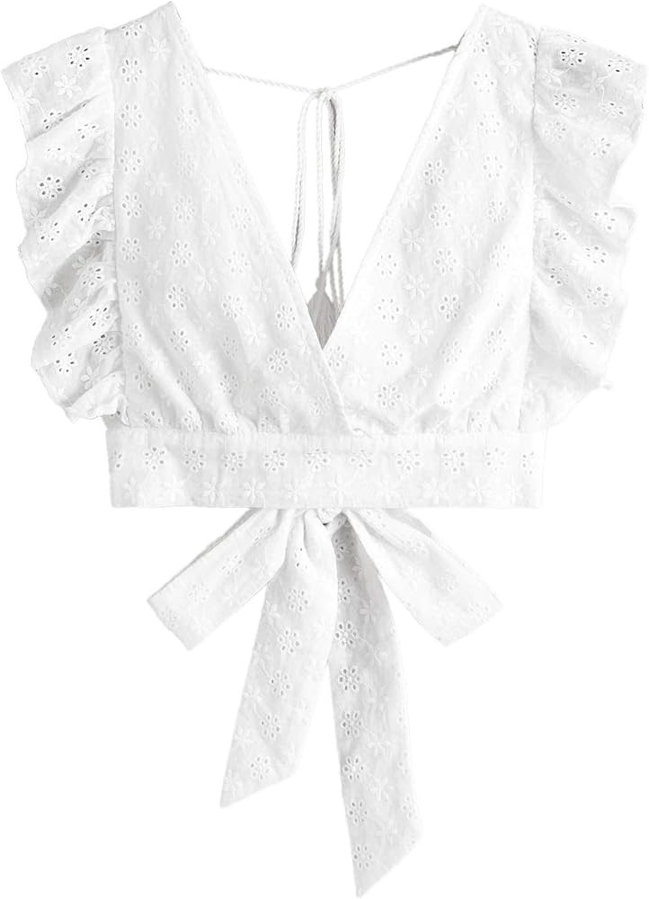 SweatyRocks Women's Embroidery Ruffle Trim V Neck Backless Eyelet Crop Tank Top Blouse | Amazon (US)