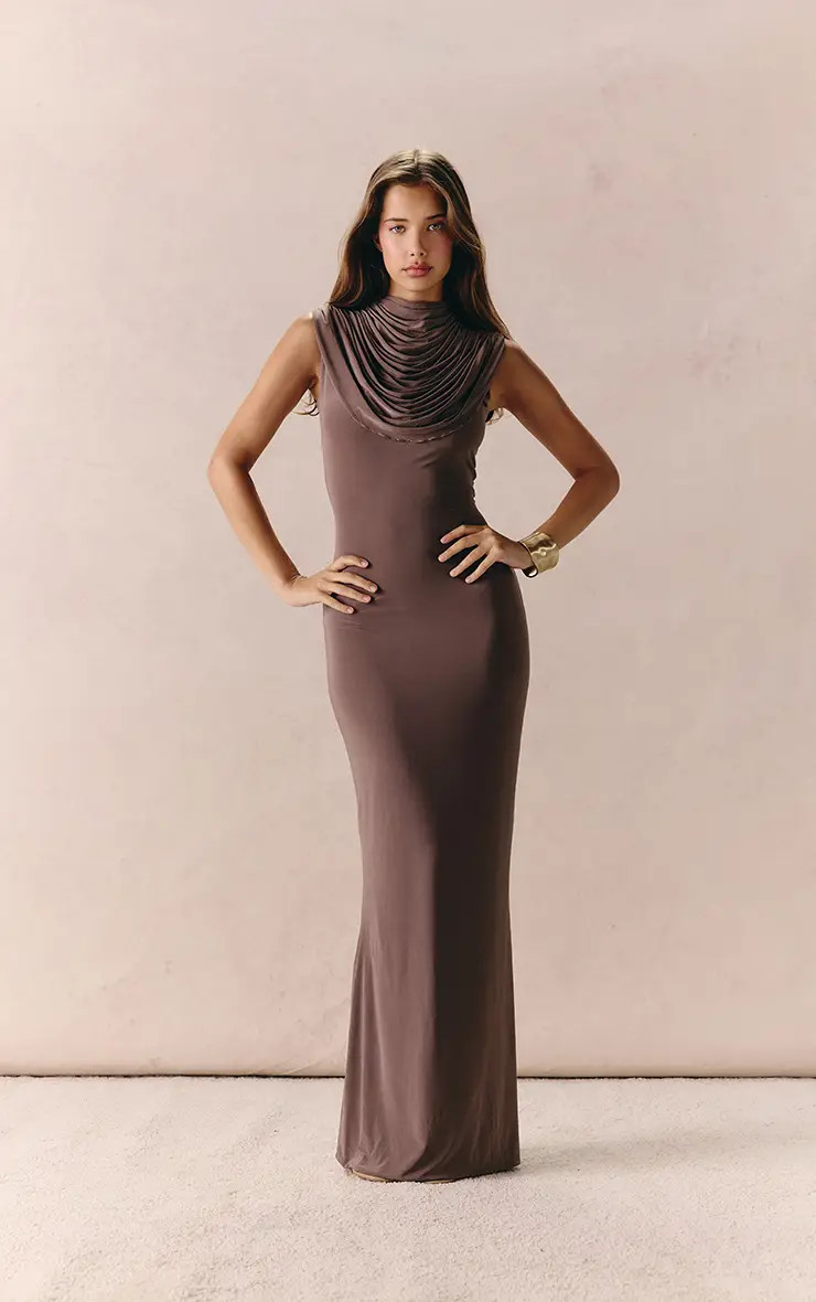 Taupe Slinky Draped Neck Maxi Dress | PrettyLittleThing UK