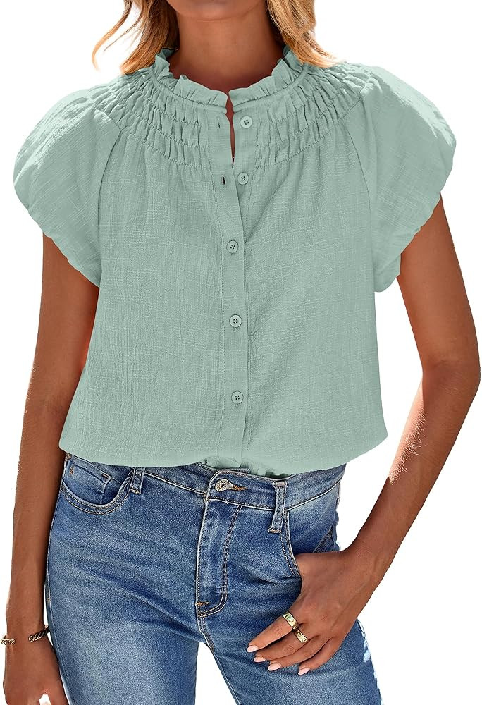 BTFBM Womens Casual Tops Dressy Summer Outfits 2025 Puff Short Sleeve Blouse Ruffle Neck Business... | Amazon (US)