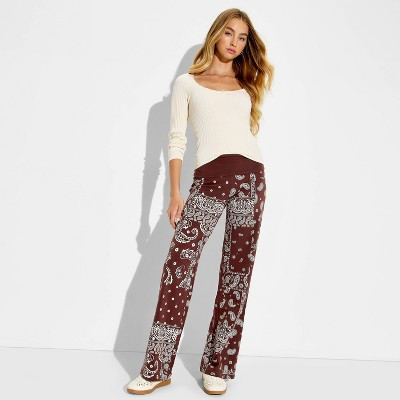 Women's Bandana Fold Over Yoga Graphic Pants - Brown S | Target