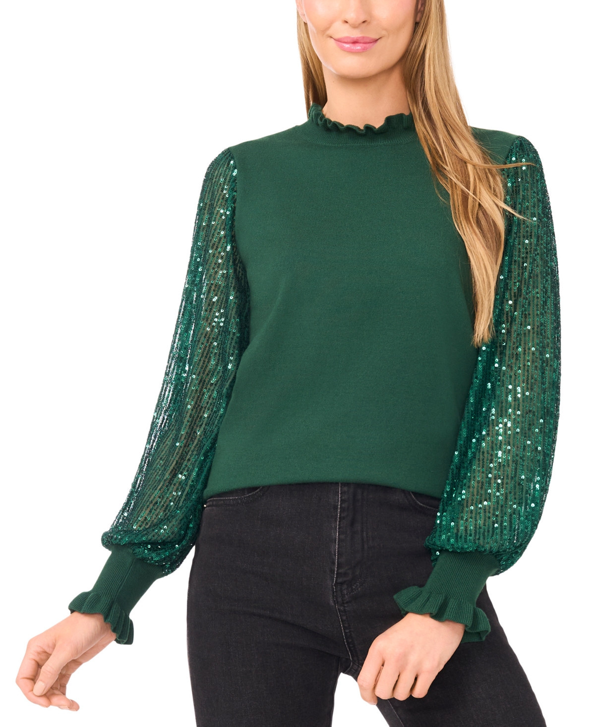 CeCe Women's Ruffle Trim Sequin Long Sleeves Sweater - Alpine Green | Macy's