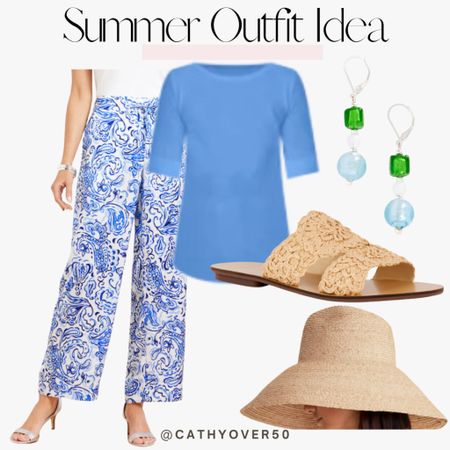 Talbots summer outfit idea.
#talbots
#summeroutfit
#widelegpants
#rafiahat
#sunhat
#plussize
#ltkover50

#LTKsalealert #LTKplussize #LTKover40