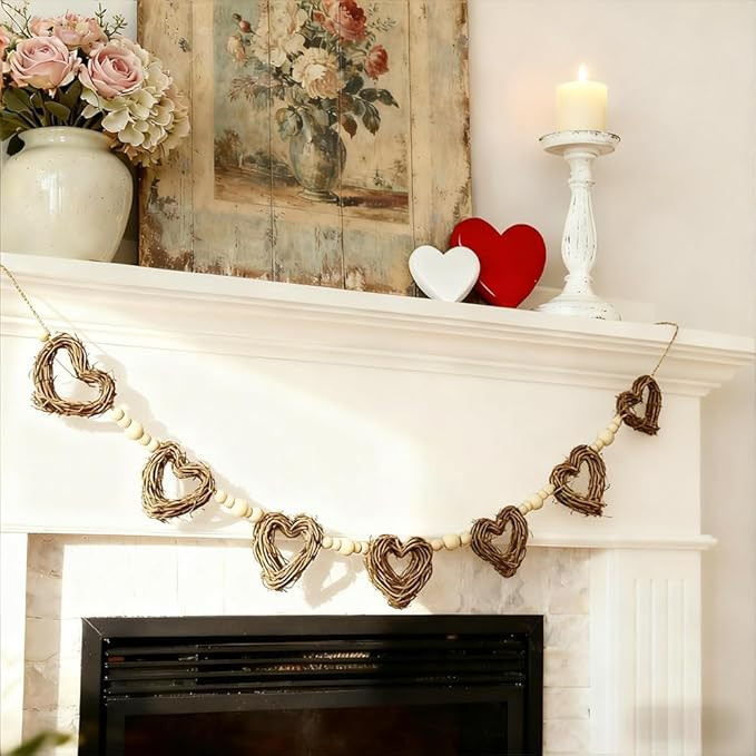 Valentines Garland, Rattan Heart Wreath with Wood Beads Valentine's Day Garland, Vintage Hearts D... | Amazon (US)