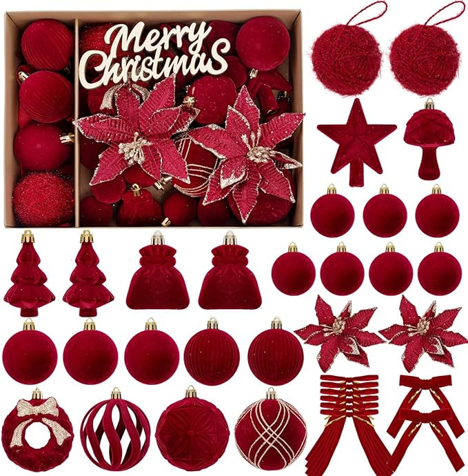 WDF 38PCS Red Velvet Christmas Ornaments - Burgundy Christmas Ornaments - Red Velvet Christmas Ba... | Amazon (US)