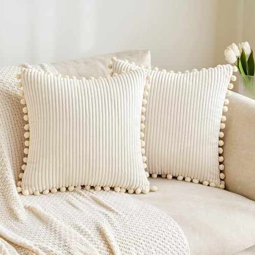 MIULEE Christmas Boho Decorative Spring Throw Pillow Covers with Pom-poms, Soft Corduroy Square Solid Lumbar Cushion Cases for Couch Sofa Bedroom, 18x18 inch Cream | Amazon (US)