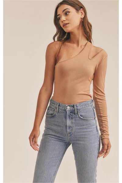 Oleina One Shoulder Top in Camel $38 S-L | Indigo Closet 