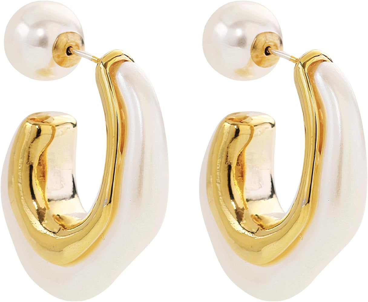 NIVANA 14k Gold Plated 925 Sterling Silver Pearl Hoop Earrings For Women, Pearl Huggie Earrings, ... | Amazon (US)