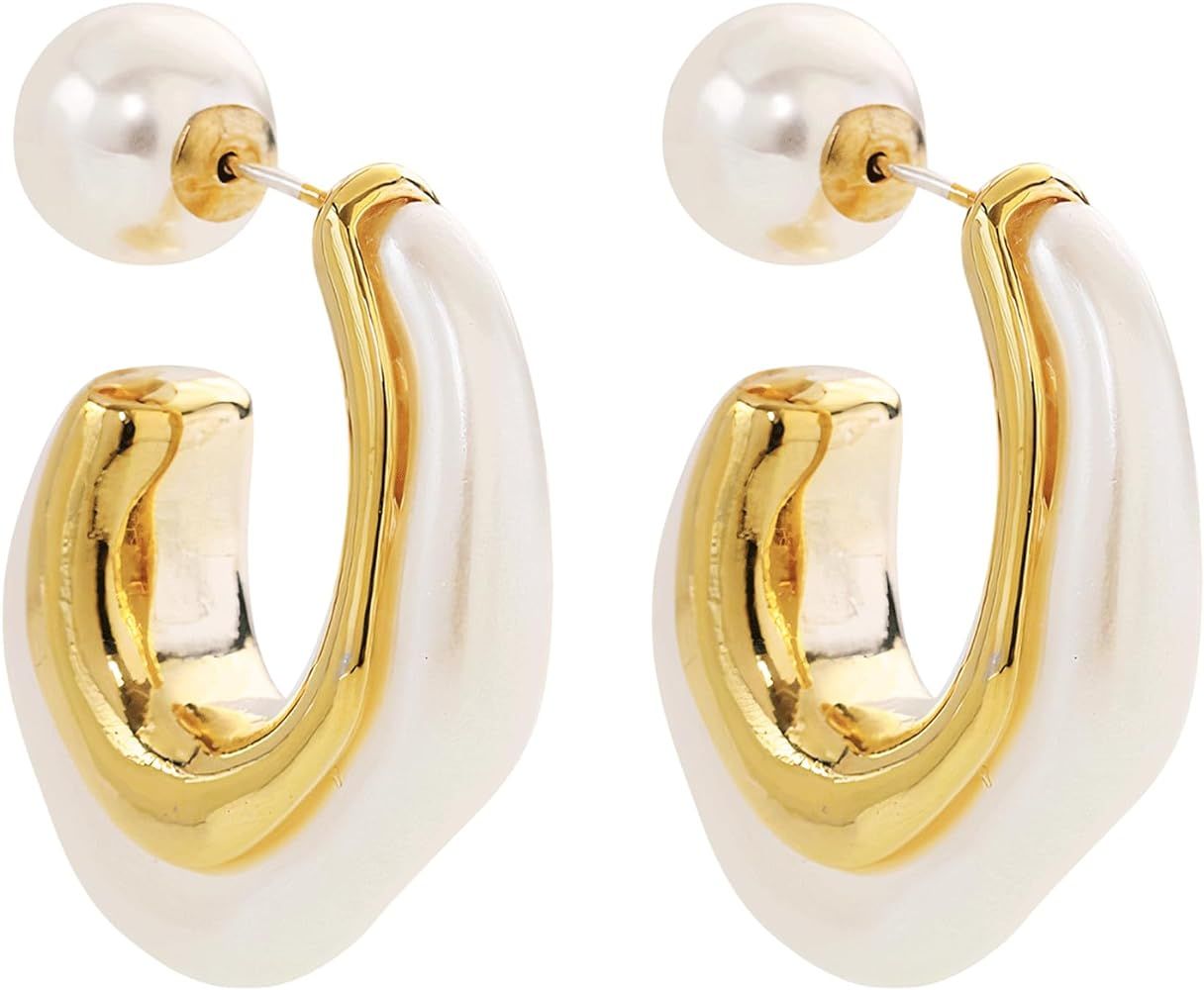NIVANA 14k Gold Plated 925 Sterling Silver Pearl Earrings For Women, Pearl Hoop Earrings, Pearl D... | Amazon (US)