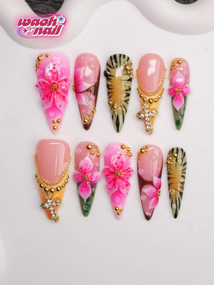 Almond-Shaped Handmade Press-On Nails Y2K Baddie Style, Nude, Green, Yellow, Brown, Red Nail Tips... | SHEIN