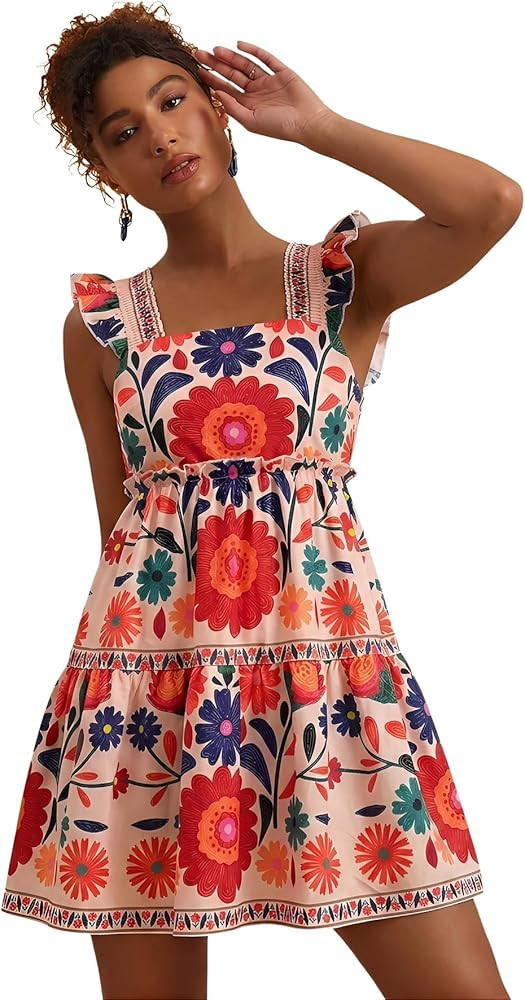 RoseSeek Women's Floral Tropical Graphic Short Dress Boho Ruffle Hem Sleeveless Vacation Tank Dre... | Amazon (US)